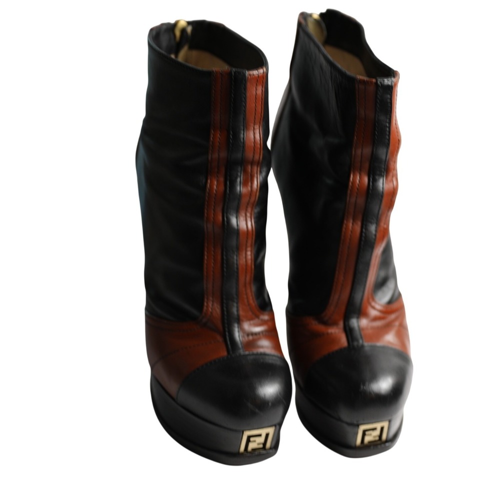 Fendi Black Brown Leather Platform Ankle Boots FF Logo Stiletto Heel 39 Italy